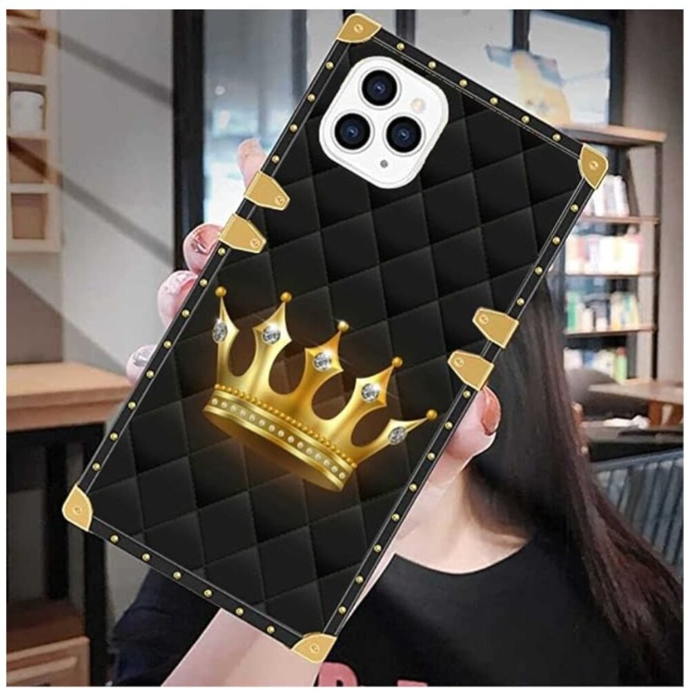 Compatible with iPhone 13 Pro Max Square Case, Gold Crown Glitter Diamond Luxury